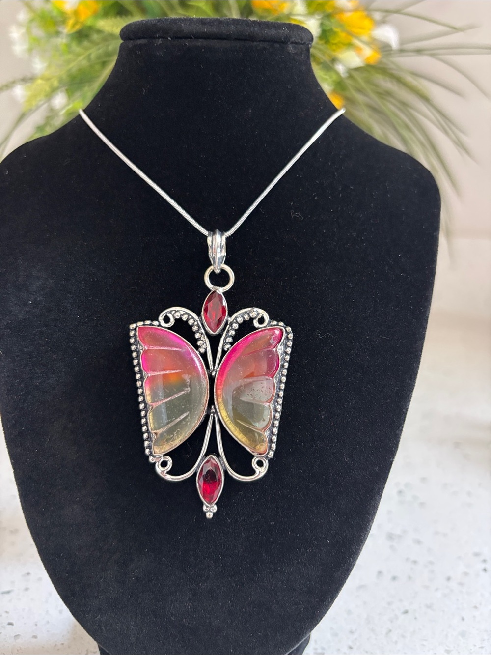 Sterling Silver Bi-Color Tourmaline & Garnet Butterfly Gemstone Pendant Necklace